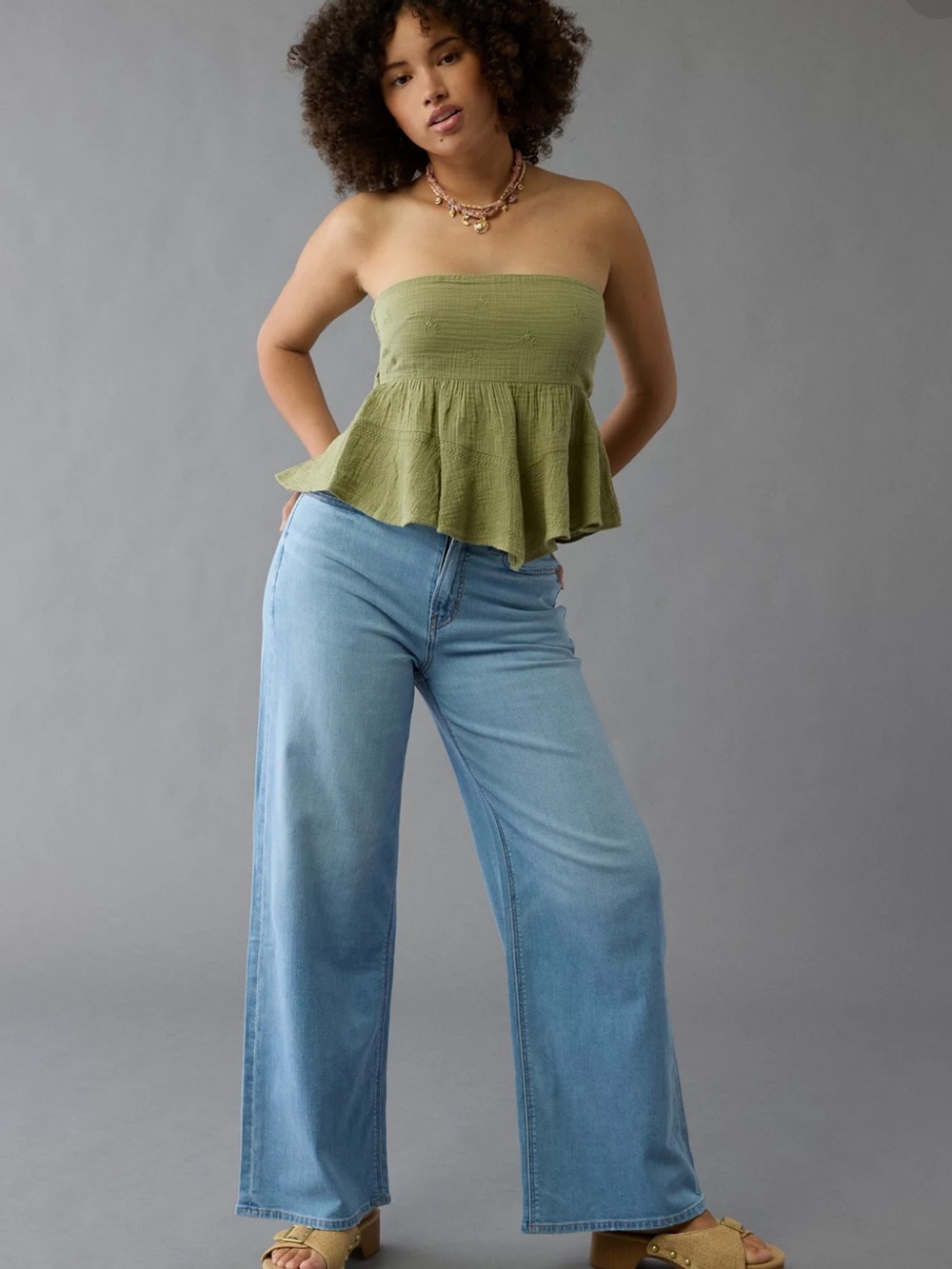 American Eagle Curvy Dreamy Drape Baggy Wide Leg Light Blue Jeans Size 18 NWT